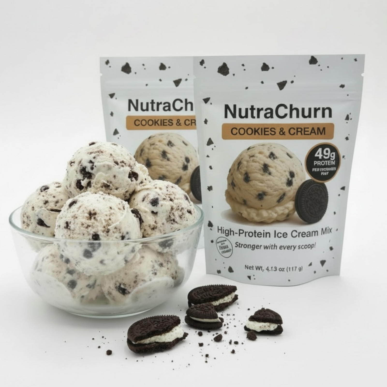 NutraChurn Cookies & Cream pouch beside a bowl of cookies and cream protein ice cream