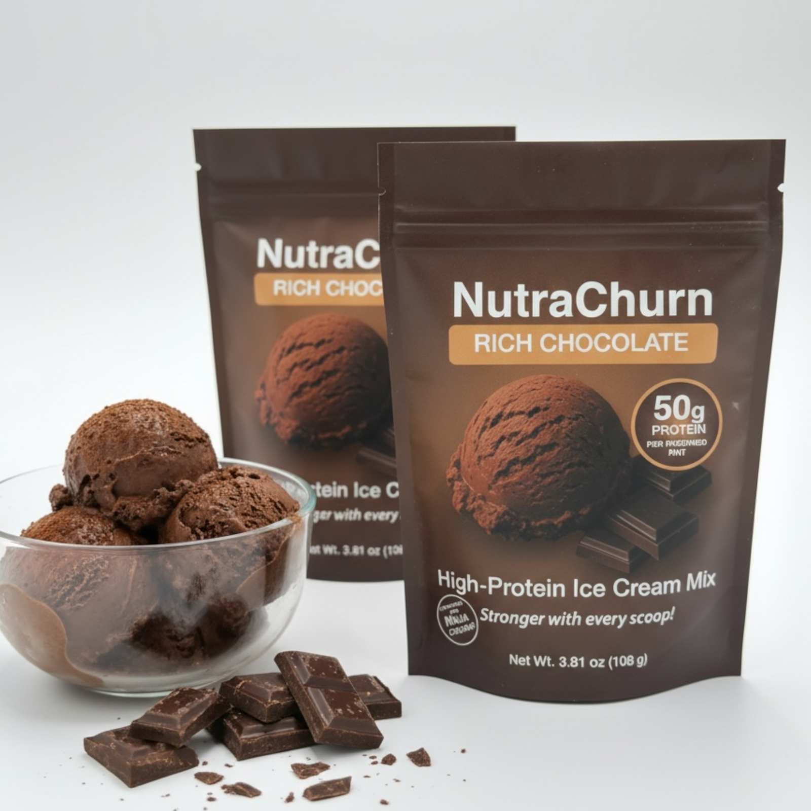 NutraChurn Rich Chocolate pouch beside a bowl of chocolate protein ice cream
