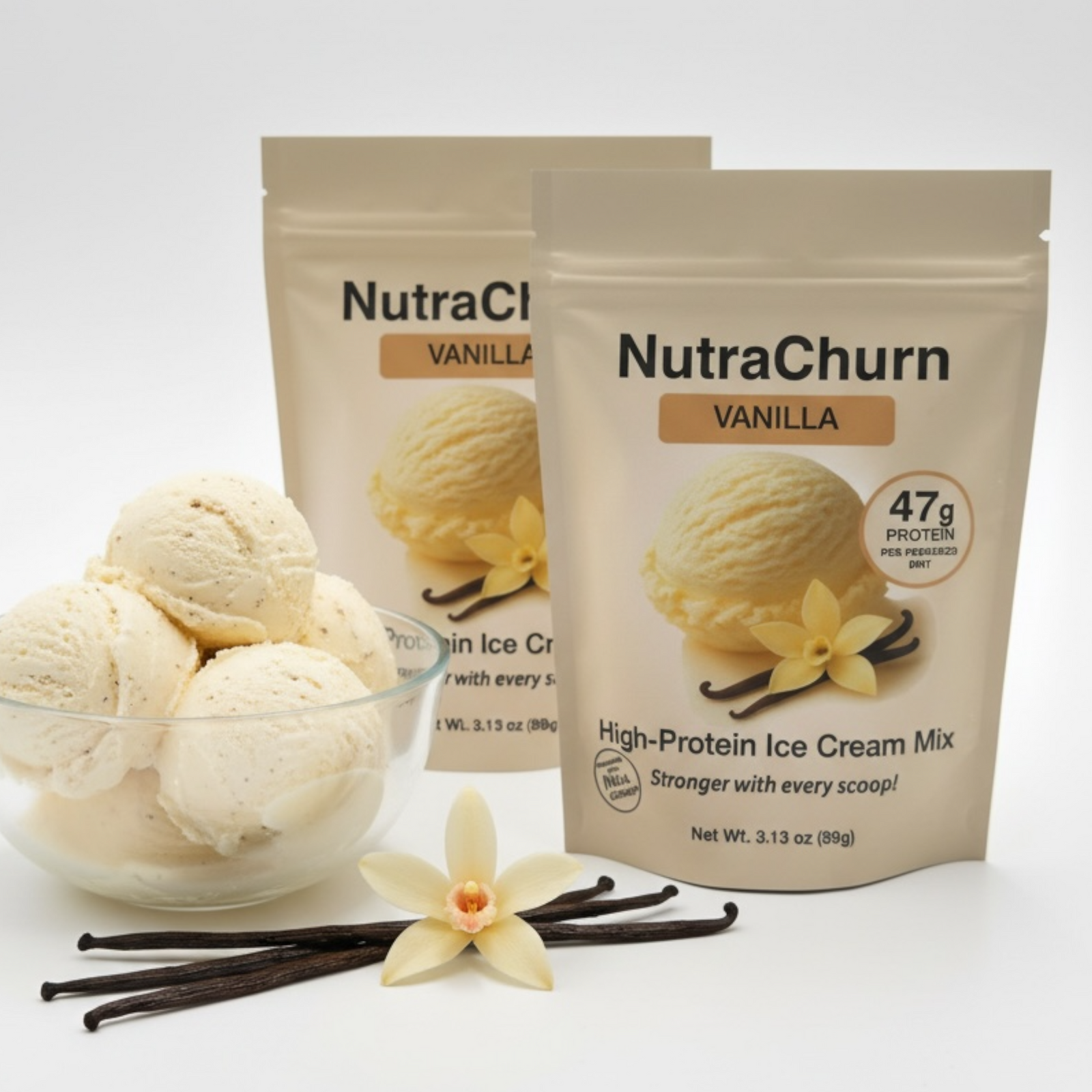 NutraChurn Vanilla pouch beside a bowl of vanilla protein ice cream