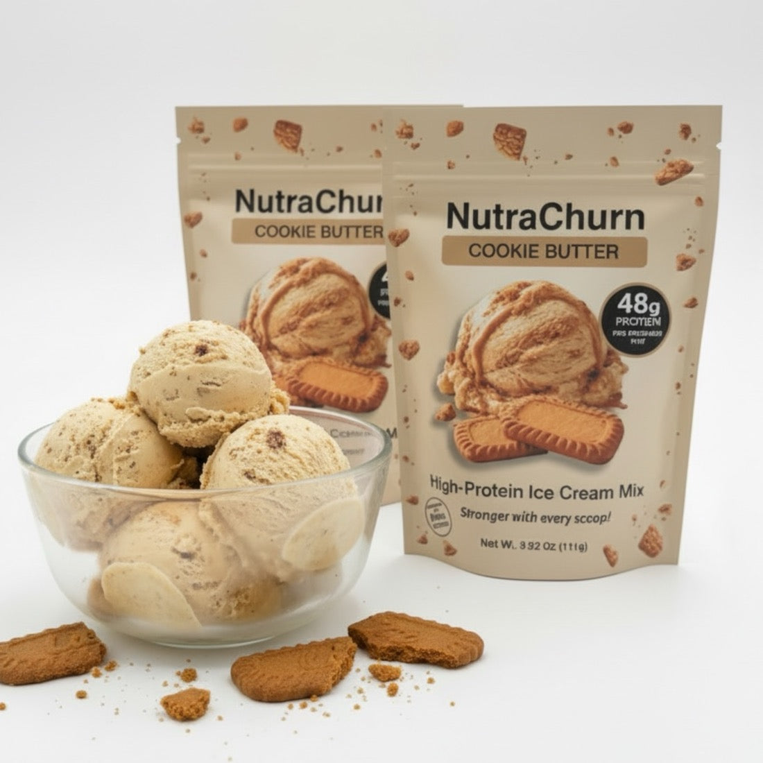 NutraChurn Cookie Butter pouch beside a bowl of cookie butter protein ice cream