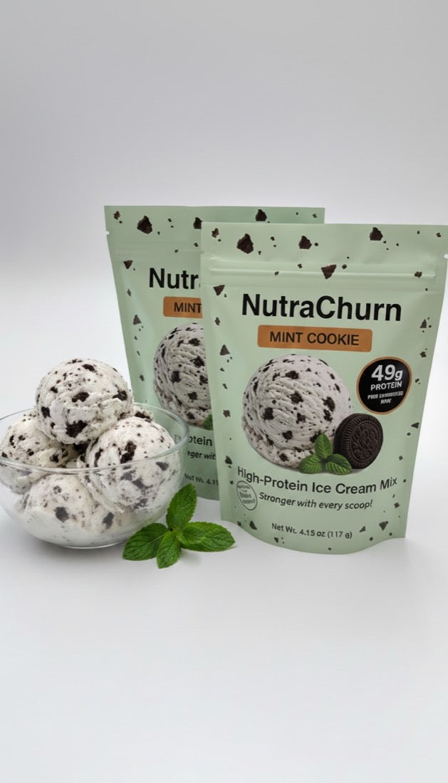 NutraChurn Mint Cookie pouch beside a bowl of mint cookie protein ice cream