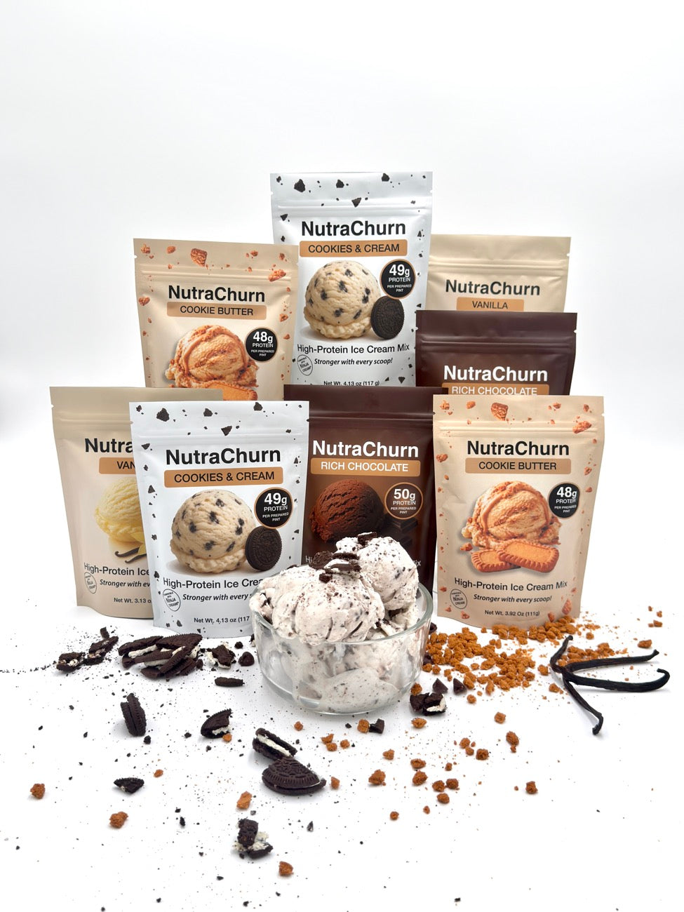 NutraChurn variety 8-pack of protein ice cream pouches with a scooped bowl